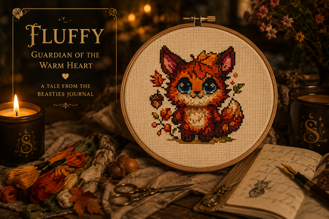 Fluffy the Comforting Beast emotional healing cross stitch artwork featuring a cozy fox guardian wrapped in a blanket, symbolizing self care, comfort, inner peace, emotional resilience and gentle support