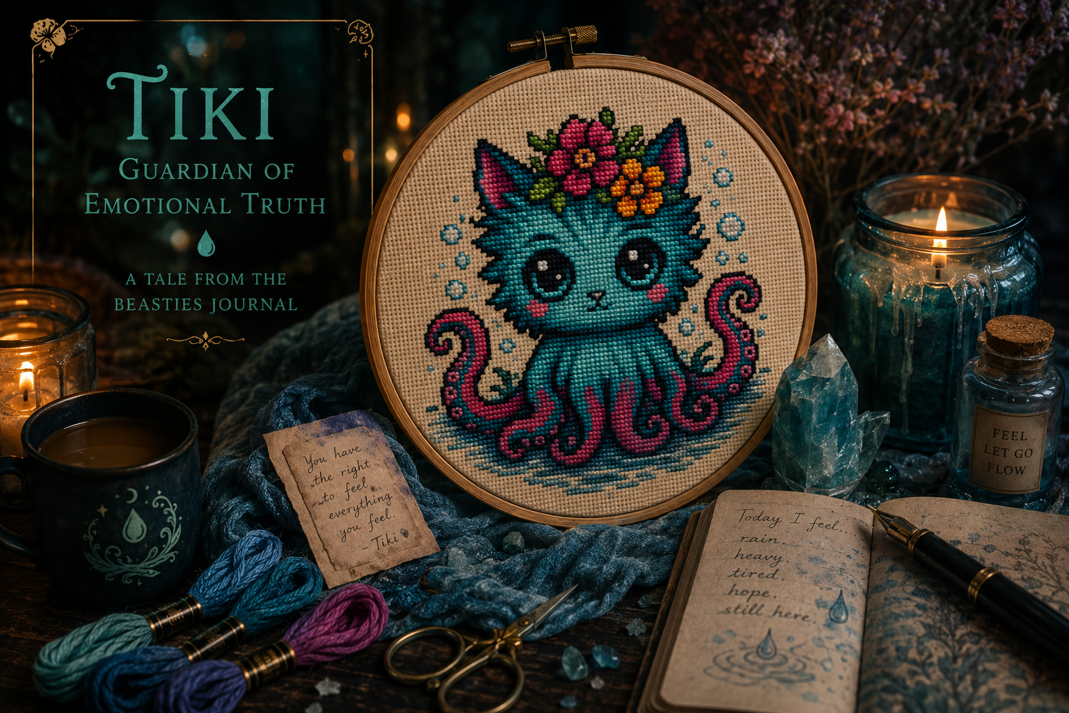 Tiki the Emotional Truth Beastie ocean fantasy cross stitch artwork featuring a glowing jellyfish creature in turquoise and soft blue, symbolizing emotional healing, self-compassion, and inner truth