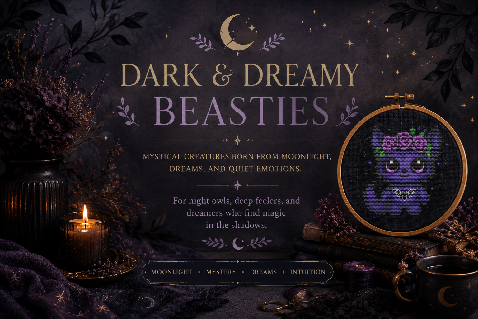 Dark and Dreamy Beasties fantasy cross stitch collection featuring mystical creature embroidery patterns, moonlit cottagecore decor, gothic fantasy animals, magical stitching projects and dreamy handmade art