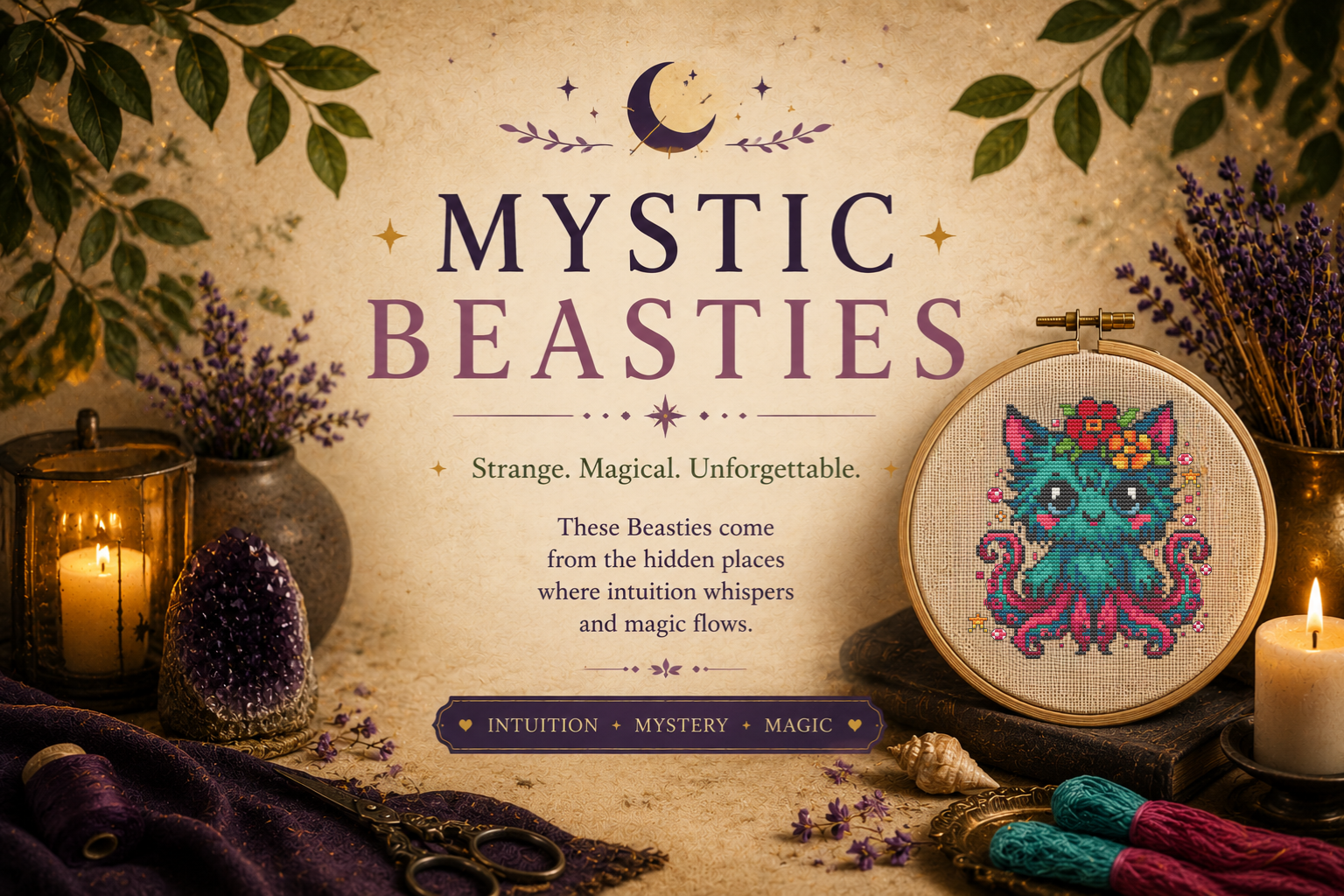 Mystic Beasties fantasy cross stitch collection featuring magical creature embroidery patterns, mystical cottagecore decor, intuitive stitching, whimsical characters and enchanting handmade art