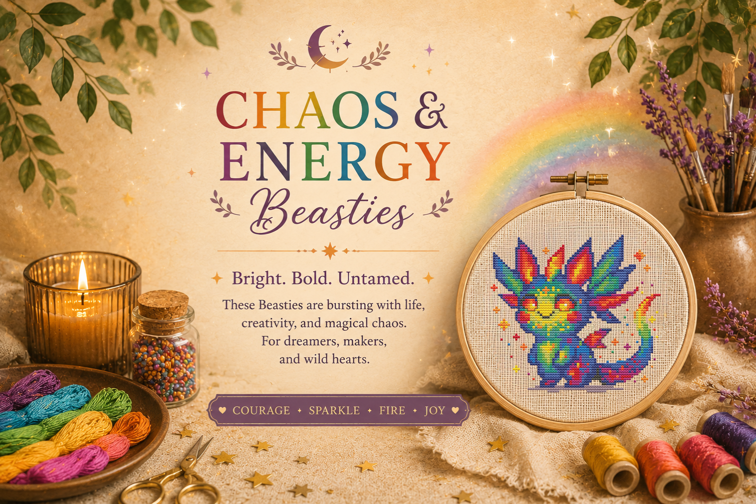 Chaos and Energy Beasties cross stitch collection featuring colorful fantasy creature embroidery patterns, vibrant rainbow designs, creative self expression, whimsical stitching and joyful handmade art