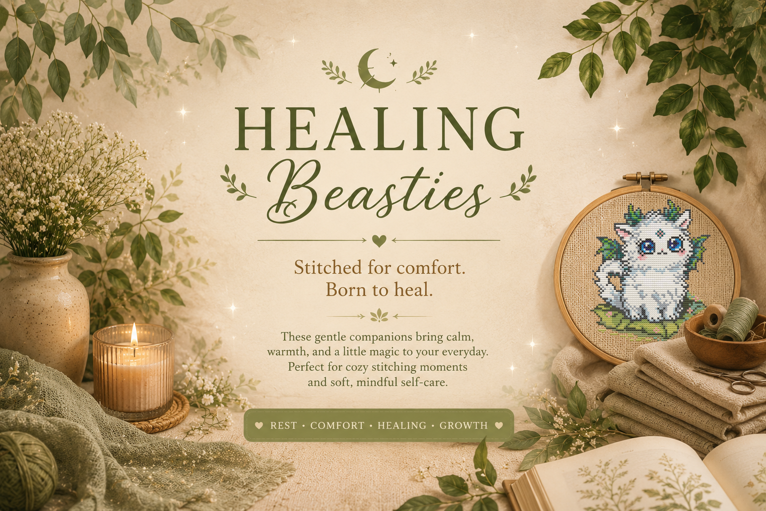 Healing Beasties fantasy cross stitch collection featuring comforting creature embroidery patterns, mindful stitching projects, emotional healing, self care, cozy cottagecore decor and peaceful handmade creativity