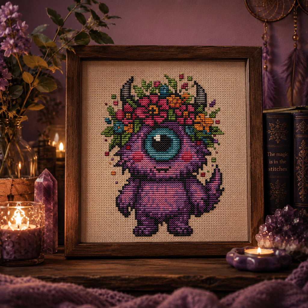 Framed Bloom One-Eyed Beast cross stitch artwork, purple fantasy creature with flower crown, whimsical embroidery pattern, cottagecore home decor and magical creature wall art.