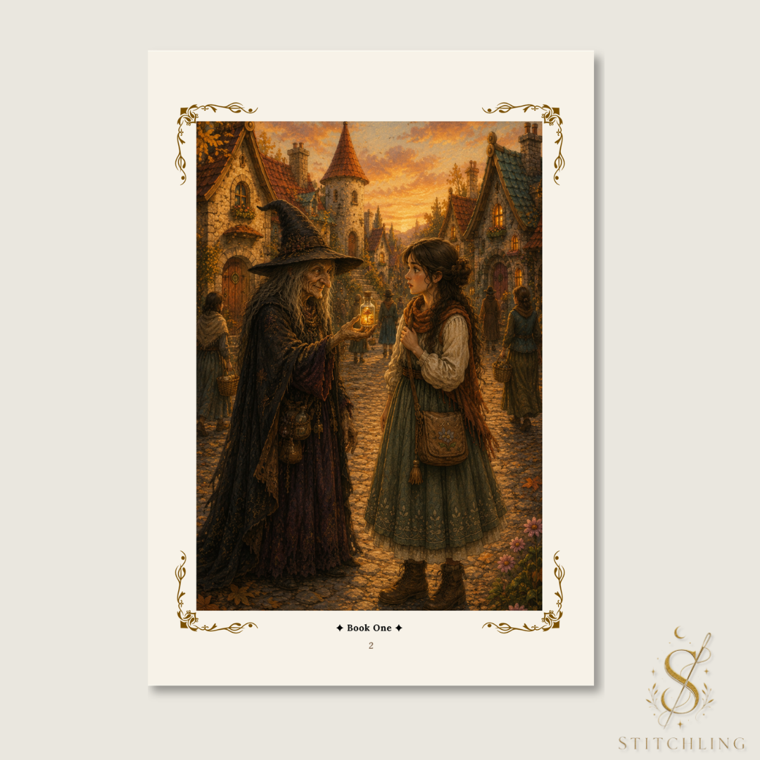 Illustrated storybook page showing a mysterious witch offering a glowing potion to a young woman in a cozy fantasy village at sunset, from the Fluffy Coloring Storybook.