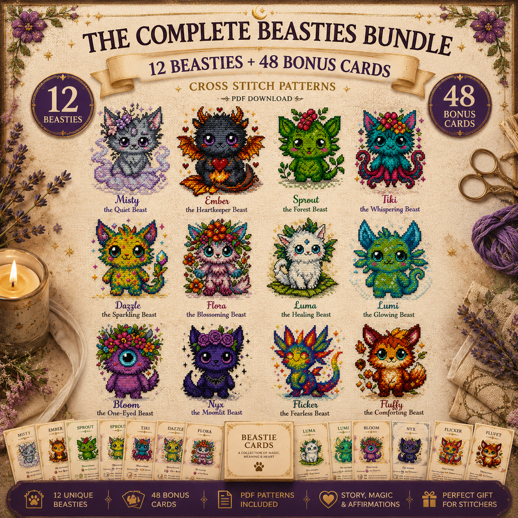 Complete Beasties cross stitch pattern bundle featuring 12 fantasy Beastie designs, 48 printable bonus cards, PDF instant download, cute magical creatures embroidery collection.