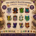 Complete Beasties cross stitch pattern bundle featuring 12 fantasy Beastie designs, 48 printable bonus cards, PDF instant download, cute magical creatures embroidery collection.