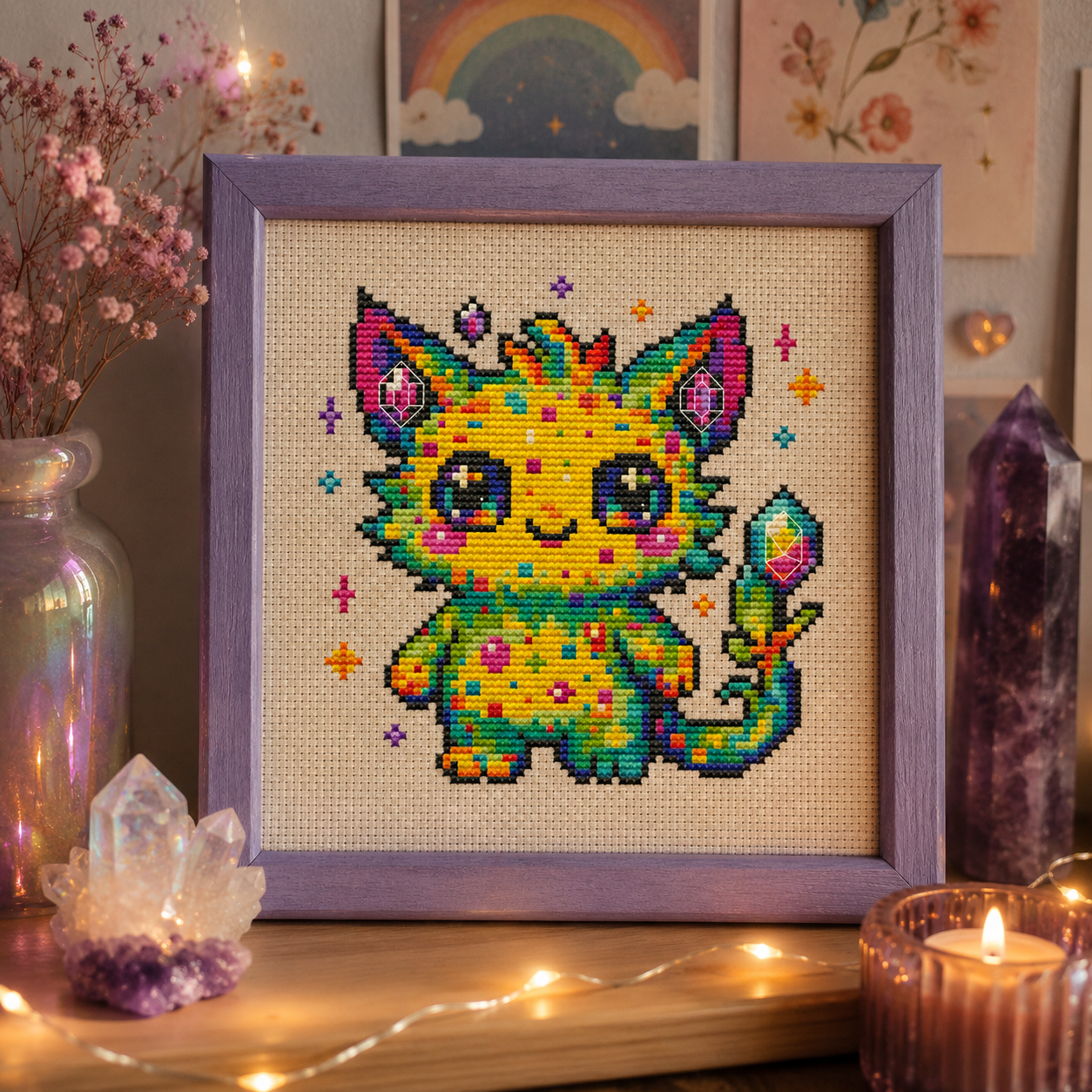Framed Dazzle Sparkling Beast cross stitch artwork, colorful fantasy creature embroidery pattern with crystals and rainbow details, magical wall decor, cottagecore and fantasy stitching project.