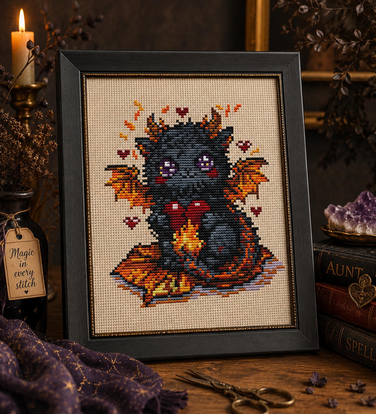 Finished mystical Beastie embroidery displayed in embroidery frame.