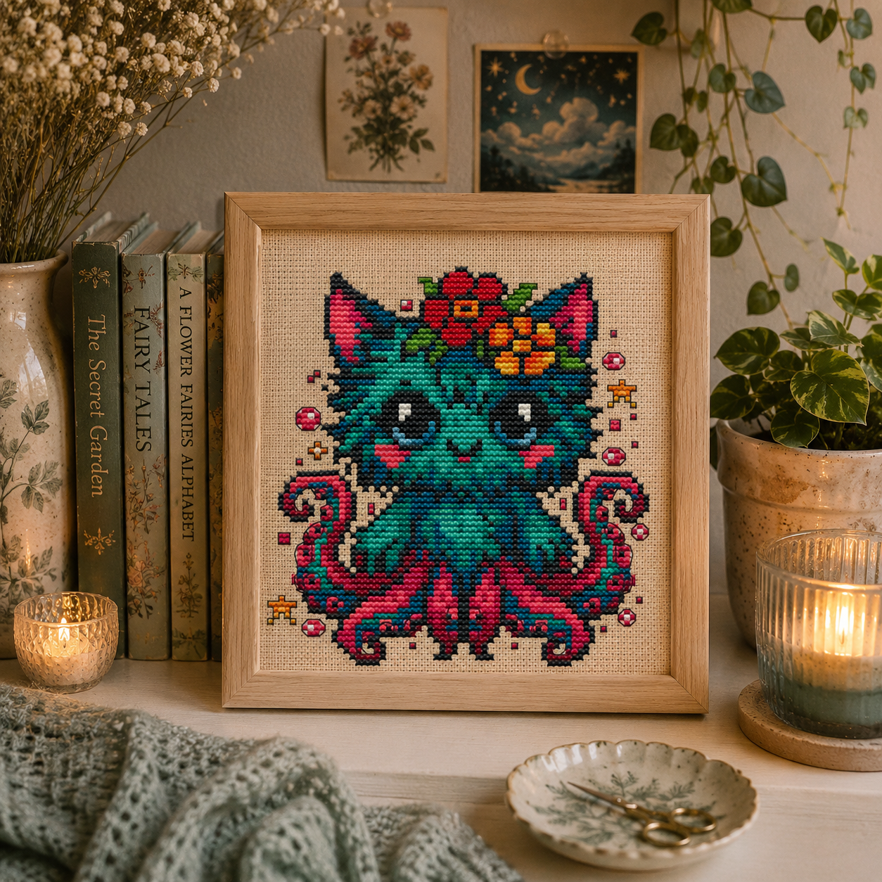 Framed cross-stitched art of a colorful octopus Tiki with flowers on a shelf 