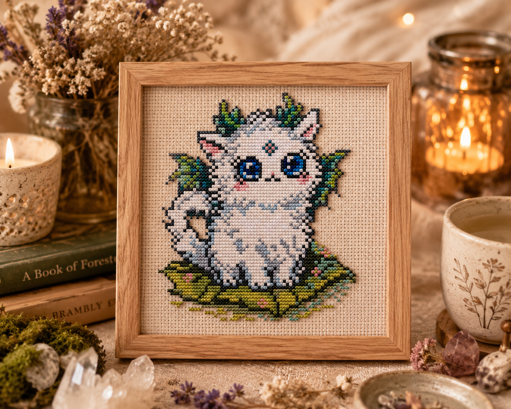Cross-stitched picture of a white dragon Luma in a wooden frame on a decorative table with candles and books.