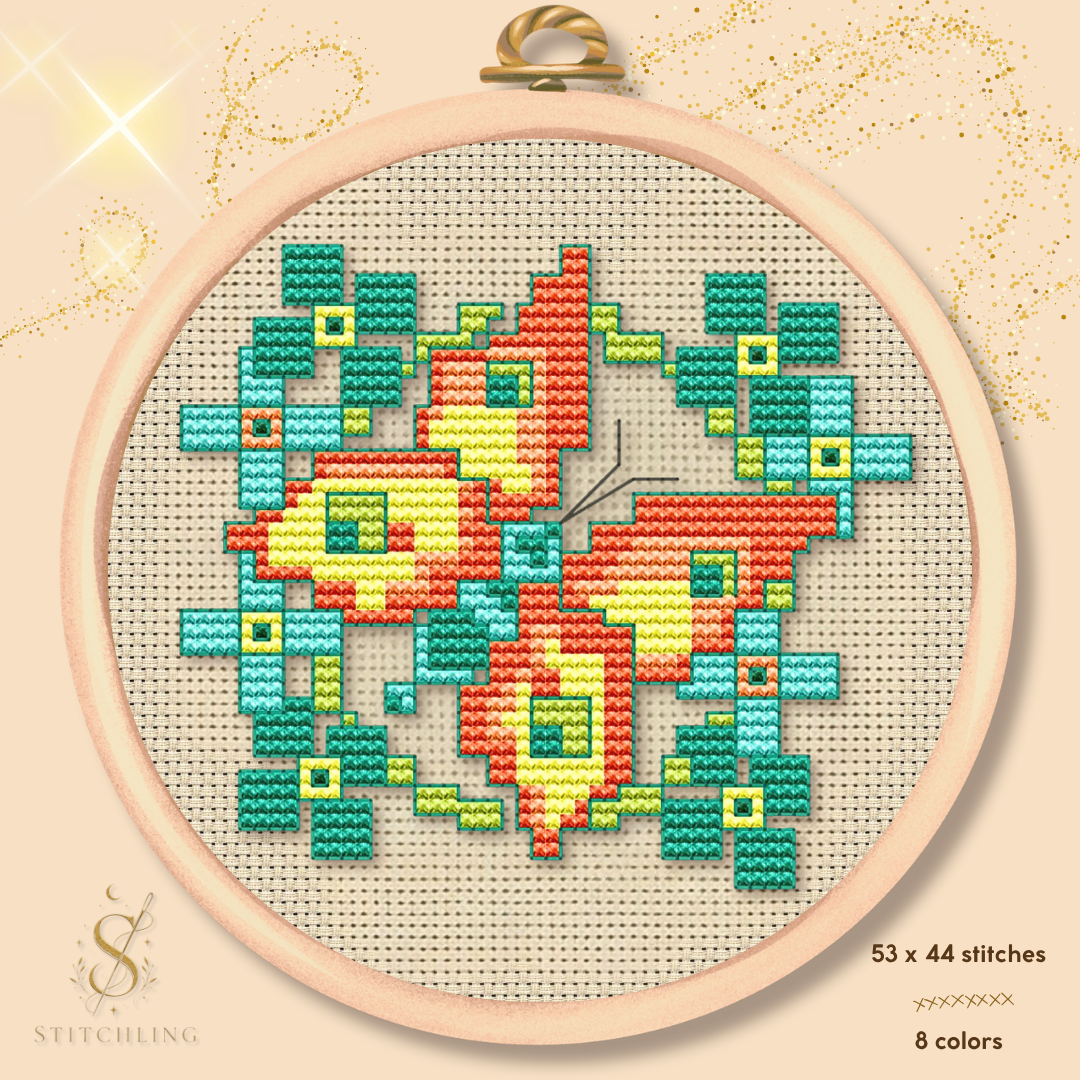 Floral Folk Ornament cross stitch pattern featuring a colorful geometric folk art flower design stitched in a wooden embroidery hoop, modern folk embroidery PDF pattern by Stitchling.