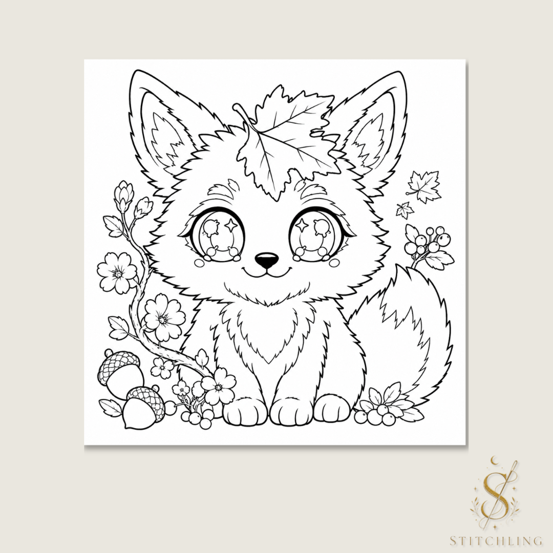 Black and white coloring page featuring Fluffy, a cute fantasy fox surrounded by autumn leaves, flowers, berries, and acorns in a cozy woodland scene.