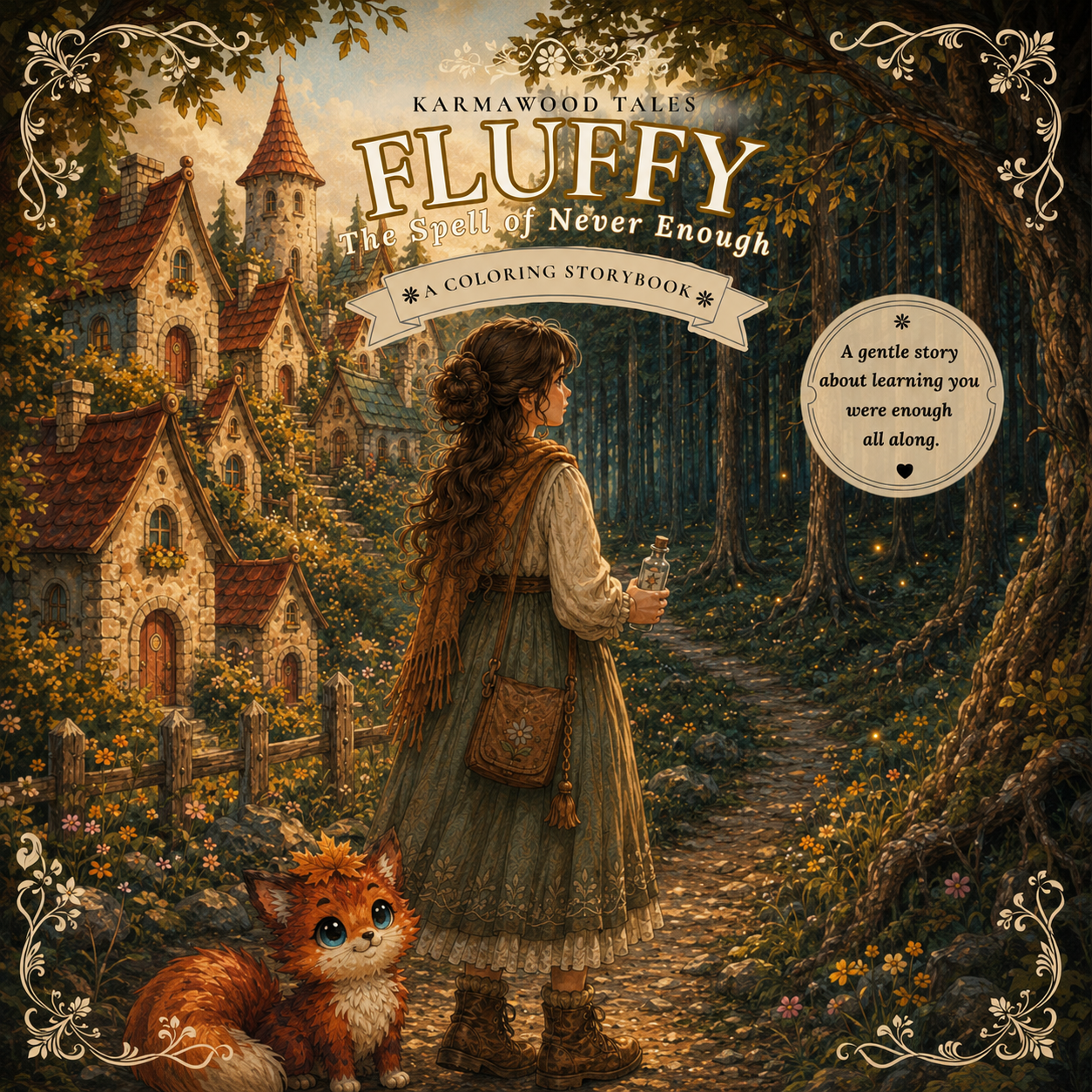 Storybook cover featuring Fluffy, a cozy fantasy fox, beside a young woman holding a potion bottle on a woodland path surrounded by cottages and an enchanted forest, printable coloring storybook preview.