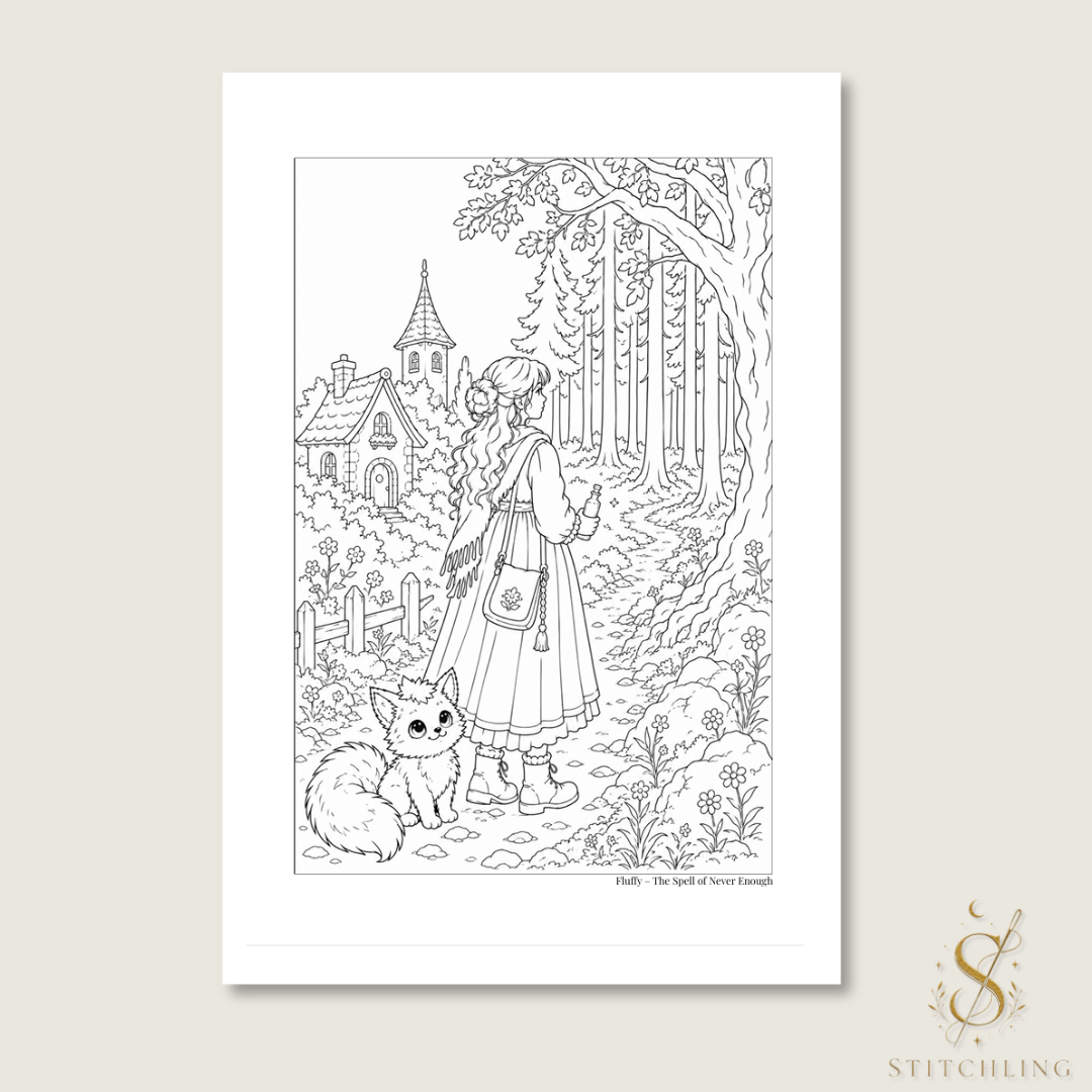 Black and white coloring page showing a young woman walking into an enchanted forest with Fluffy, a cute fantasy fox, beside a cozy cottage village, from the Fluffy Coloring Storybook.