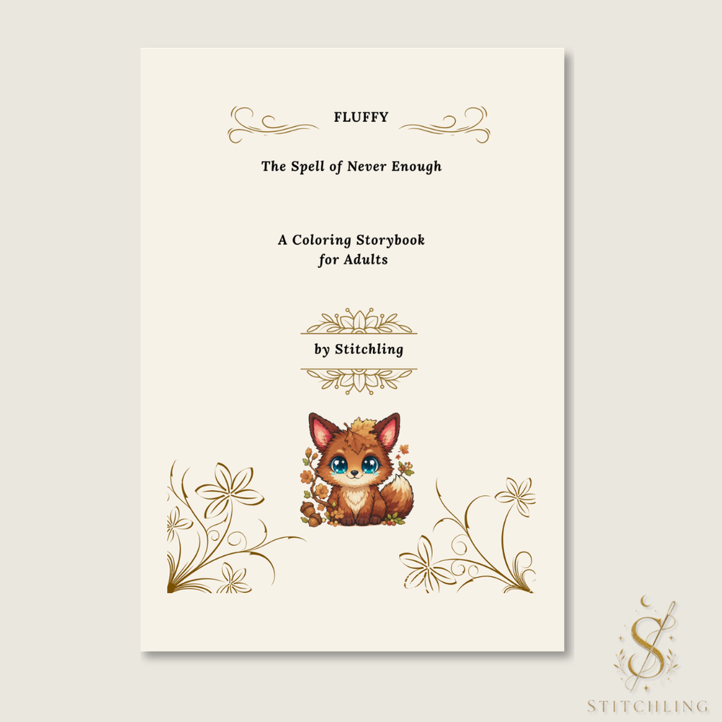 Interior title page of the Fluffy coloring storybook featuring the title, decorative floral ornaments, and a cute illustration of Fluffy on a clean cream background.