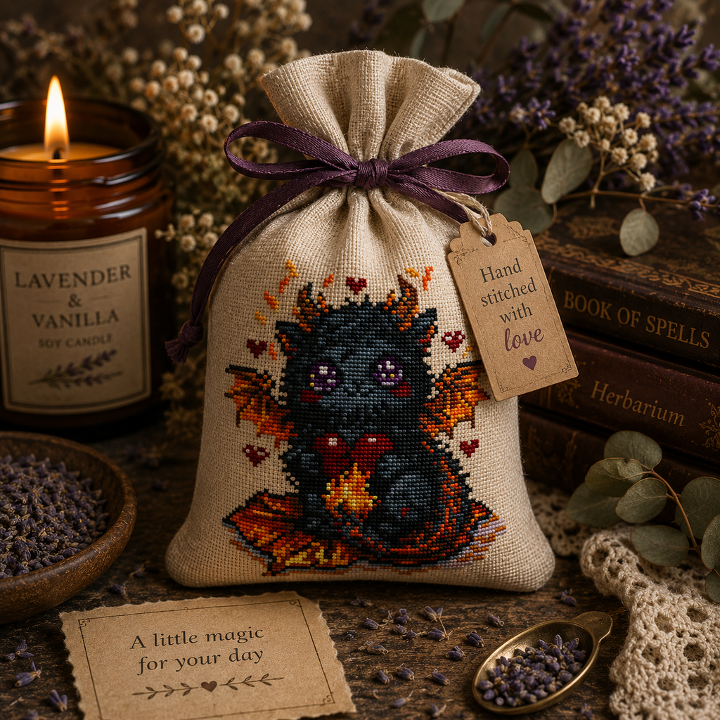 Handmade lavender sachet bag with cross stitch black dragon Ember