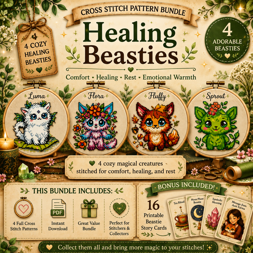 Healing Beasties Cross Stitch Bundle featuring Luma, Flora, Fluffy and Sprout with 16 printable Beastie Story Cards, fantasy embroidery PDF patterns and cozy healing creatures.