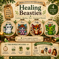 Healing Beasties Cross Stitch Bundle featuring Luma, Flora, Fluffy and Sprout with 16 printable Beastie Story Cards, fantasy embroidery PDF patterns and cozy healing creatures.