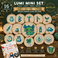Lumi Mini Set cross stitch pattern bundle featuring 15 magical mini icons, a Lumi fantasy creature design, embroidery hoops, brooch making guide, and PDF download for small cross stitch projects.