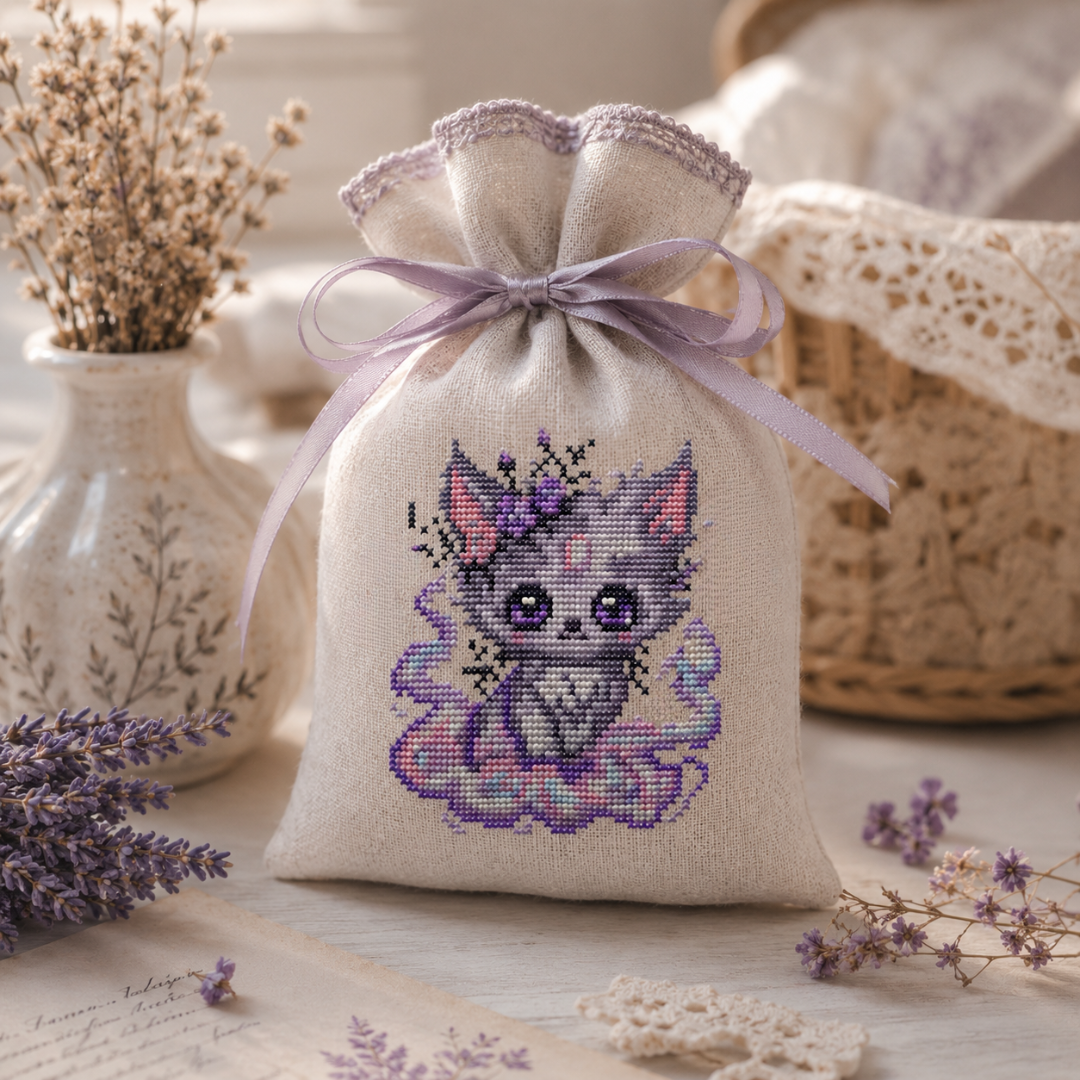Misty Beastie cross stitch pattern displayed on a handmade lavender sachet bag, cute fantasy creature embroidery design, cottagecore decor idea, printable PDF pattern mockup.