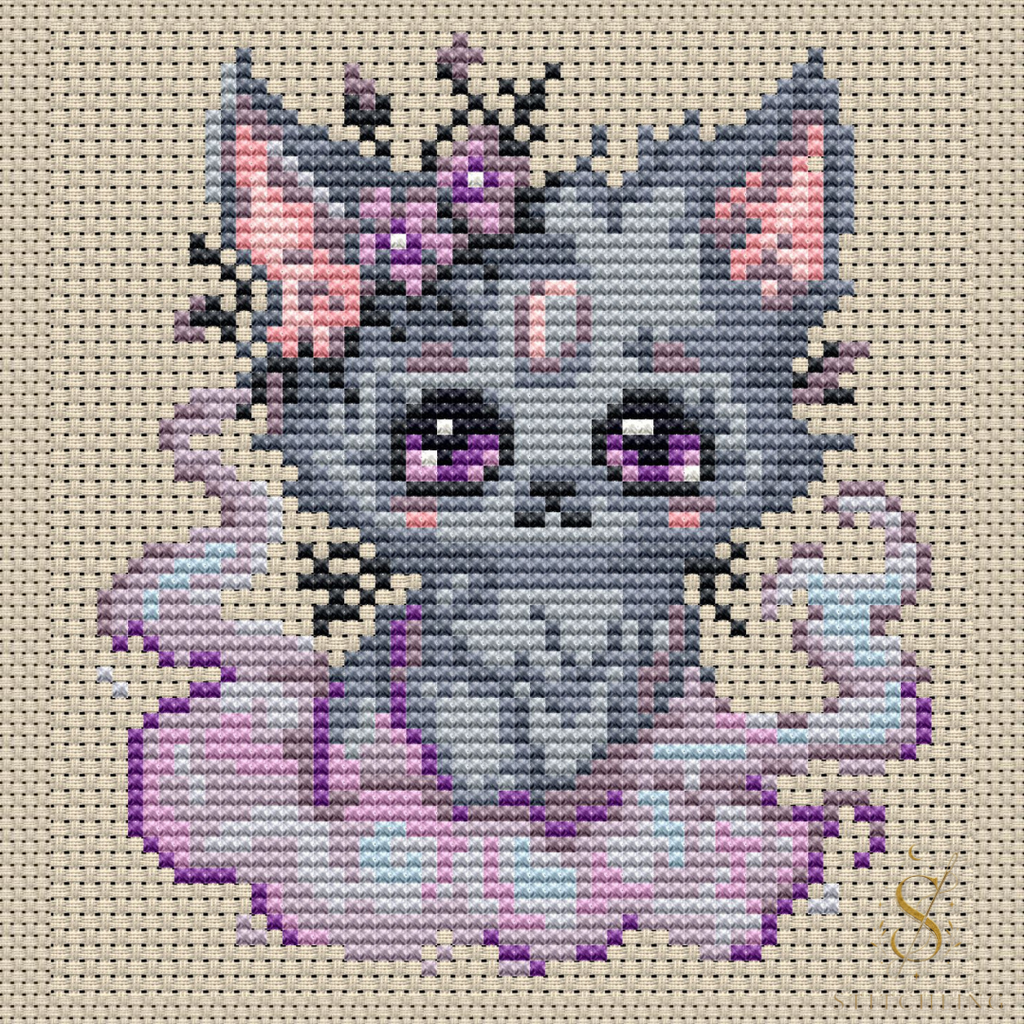 Misty Beastie cross stitch pattern featuring a dreamy gray fantasy creature surrounded by soft clouds and magical flowers.