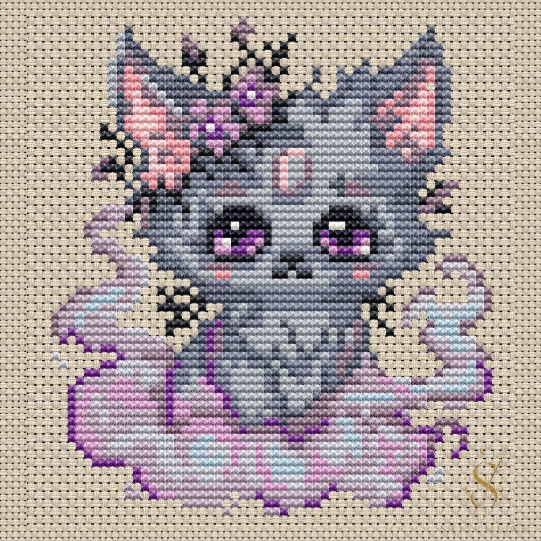 Misty Beastie cross stitch pattern featuring a dreamy gray fantasy creature surrounded by soft clouds and magical flowers.