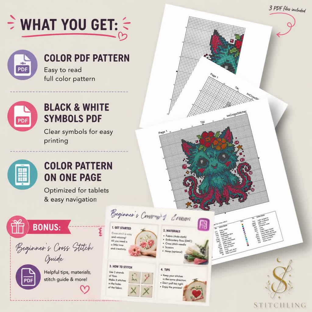 PDF cross stitch pattern bundle including color charts, DMC guides and Pattern Keeper files.