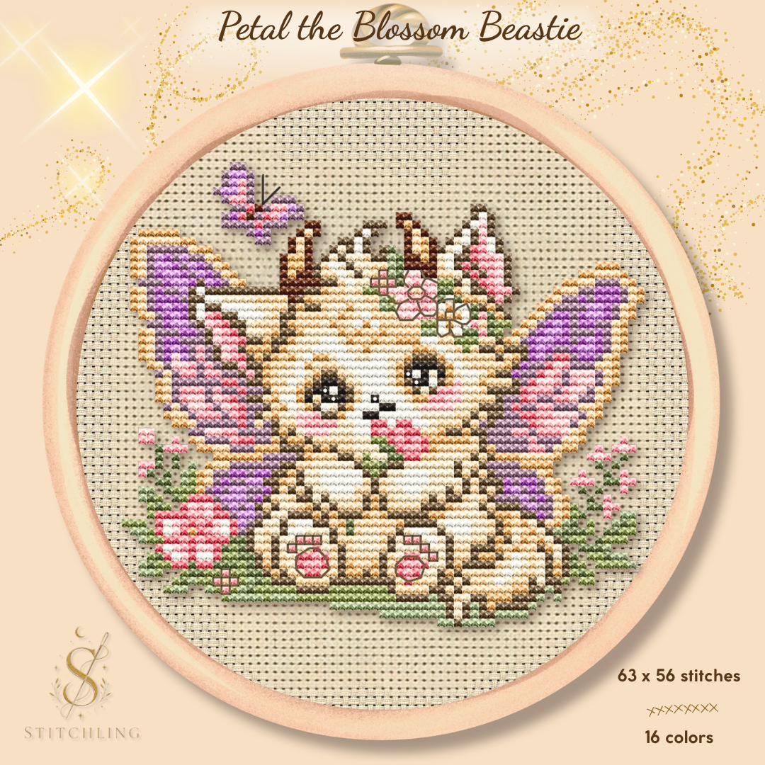 Petal the Blossom Beastie cross stitch pattern featuring a cute pastel winged cat with flowers and butterfly in a wooden embroidery hoop, floral fantasy PDF pattern by Stitchling.