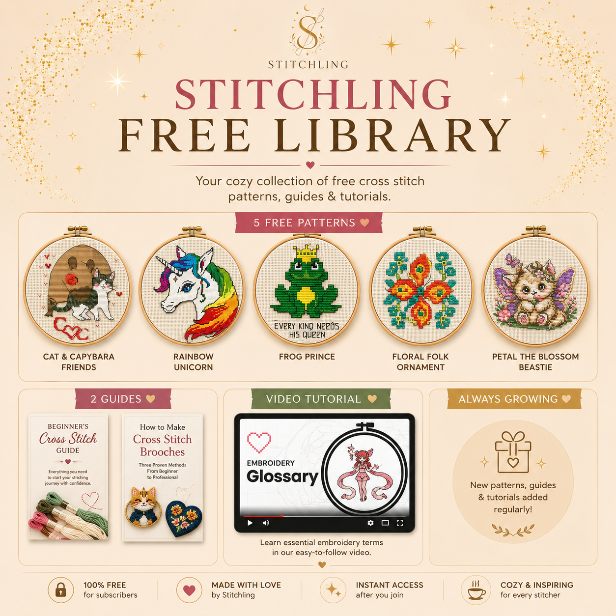 Stitchling Free Library page featuring free cross stitch patterns, beginner embroidery guides, brooch tutorials, floral designs, fantasy creatures, and stitching resources available for email subscribers.