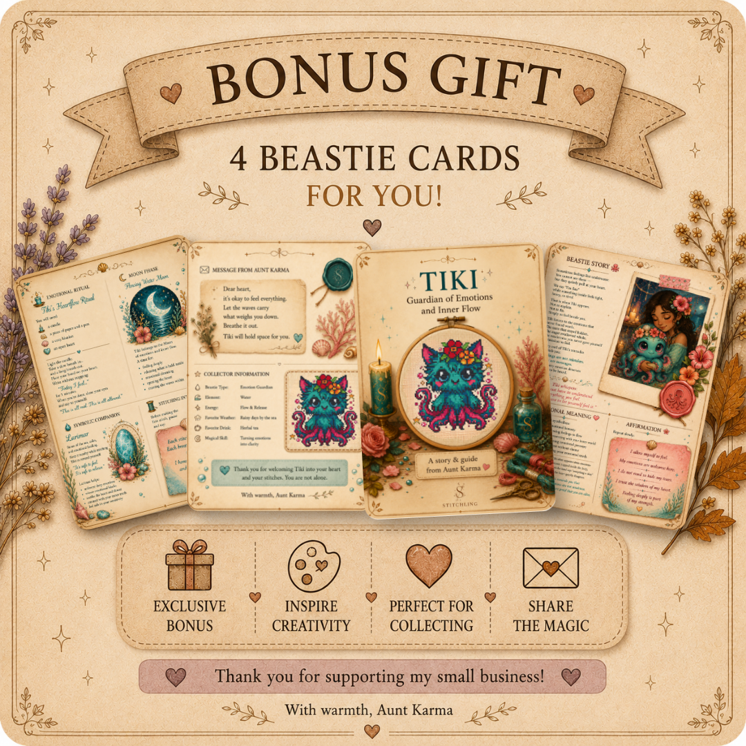 Tiki mystical ocean Beastie cross stitch pattern with fantasy companion cards.