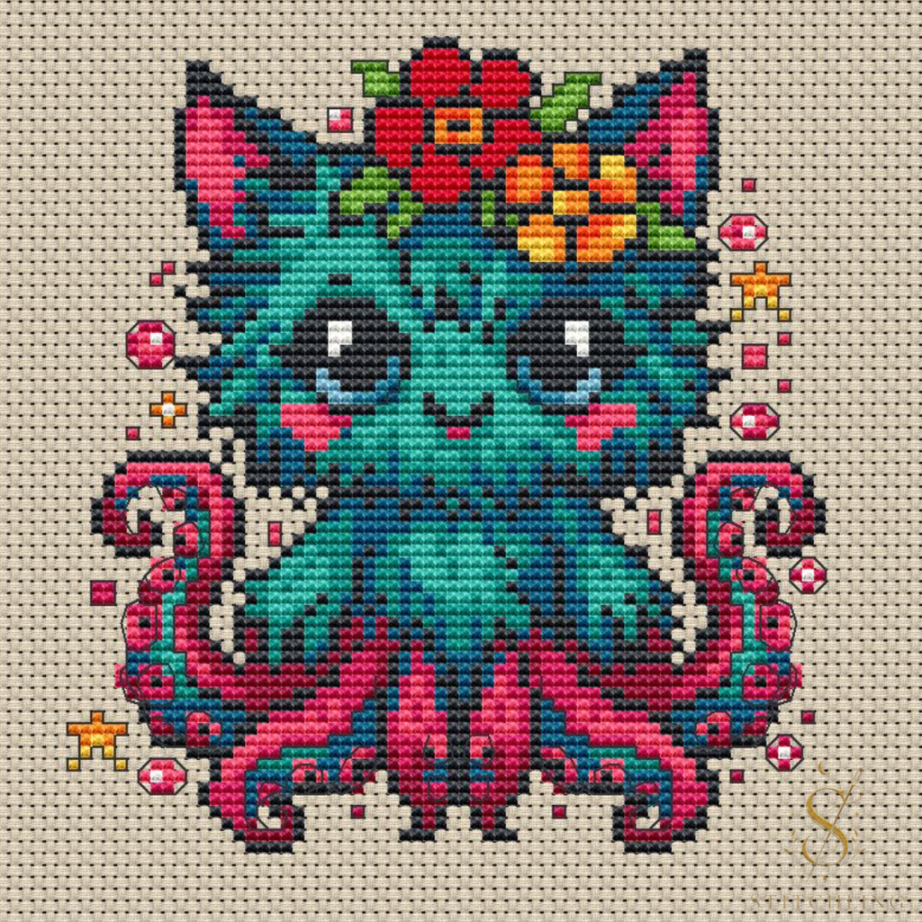 Tiki mystical ocean Beastie cross stitch pattern with fantasy companion cards.