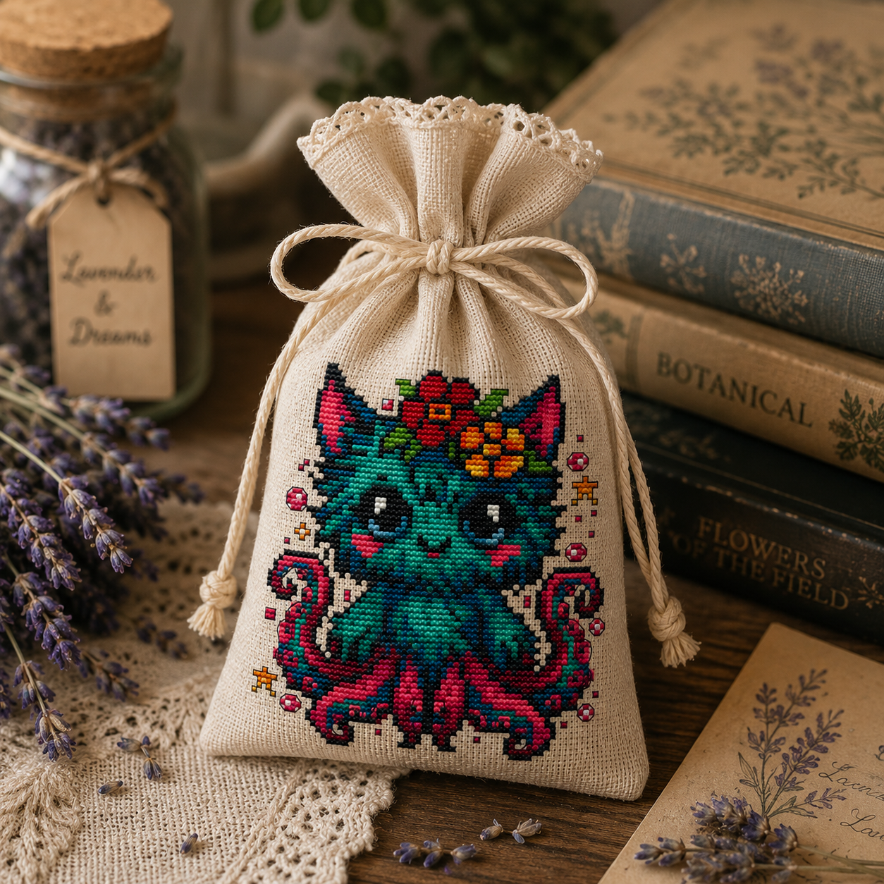 Decorative pouch with a cross-stitched Tiki design on a wooden surface with lavender.