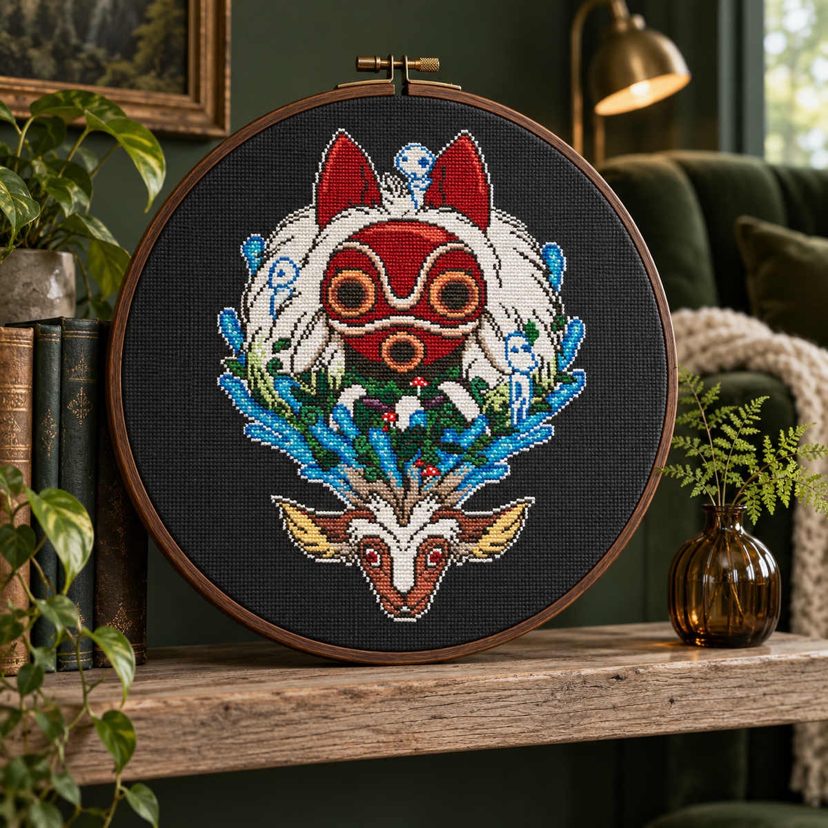 Woodland Guardians cross stitch in a dark wooden hoop on a rustic shelf, featuring a red mask, white wolves, blue foliage, and a deer in a cozy green reading nook.