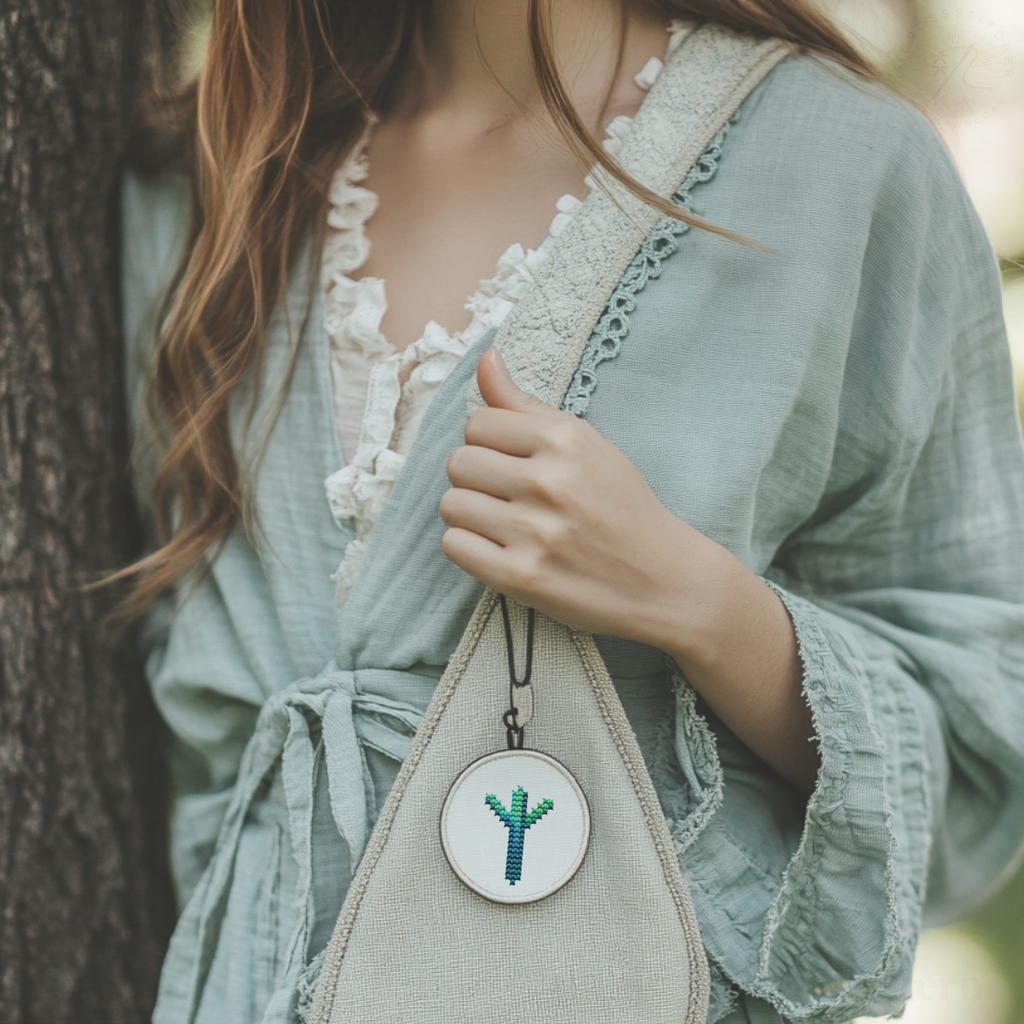 Handmade Algiz rune pendant stitched from a mini rune pattern included in the Lumi Mini Set.