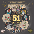 Bundle of 51 anime and forest spirit cross stitch PDF patterns, with hoop previews featuring woodland creatures, a floral dragon, and whimsical characters.