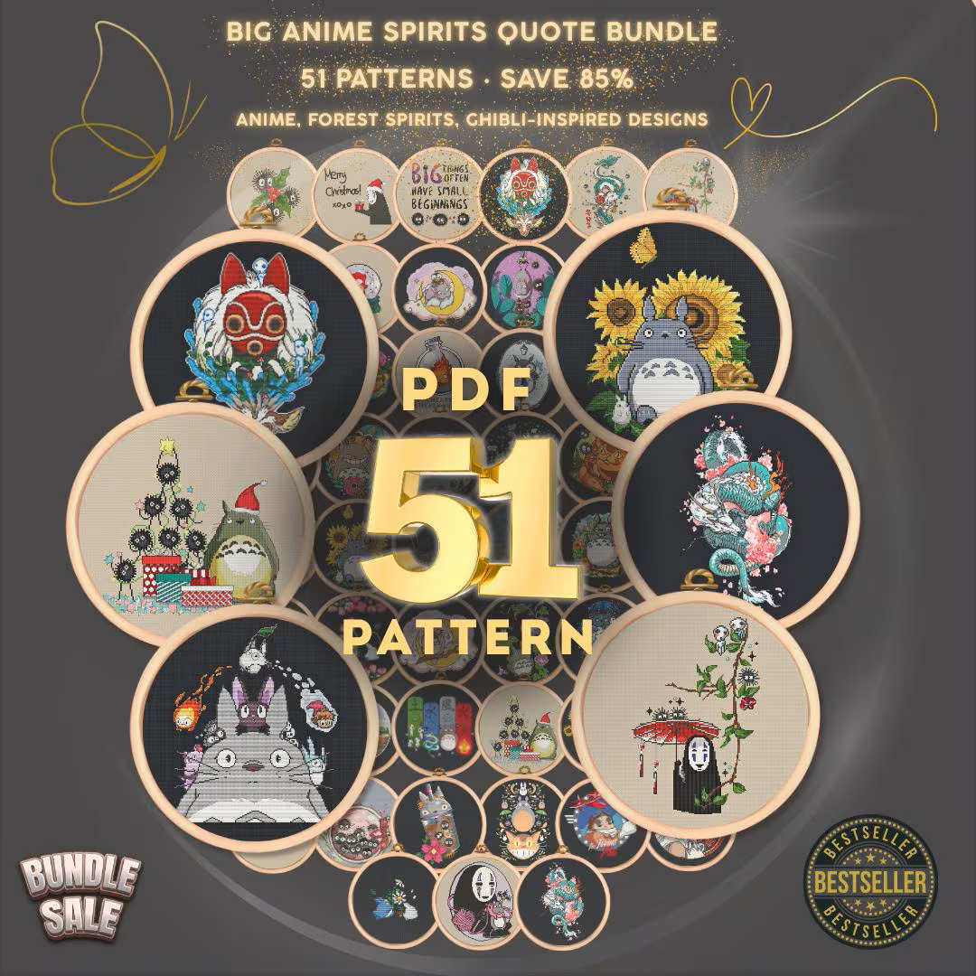 Bundle of 51 anime and forest spirit cross stitch PDF patterns, with hoop previews featuring woodland creatures, a floral dragon, and whimsical characters.