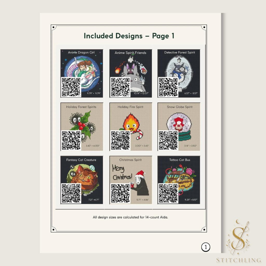 Included designs, page 1: nine cross stitch previews featuring a girl with a dragon, forest spirits, a fire spirit, Christmas motifs, a snow globe, and fantasy cat buses.
