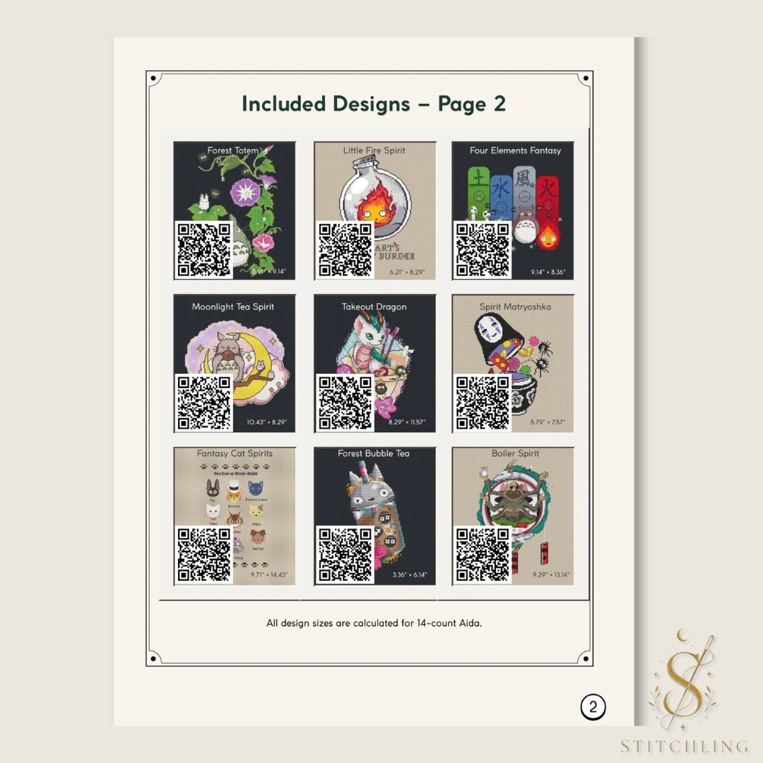 Included designs, page 2: nine cross stitch previews featuring a floral forest totem, bottled fire spirit, four elements, moonlit tea, a dragon, and fantasy cats.