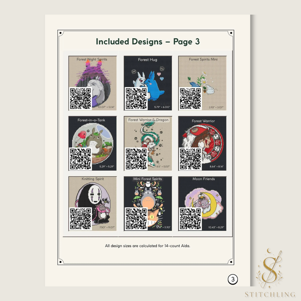 Included designs, page 3: nine cross stitch previews featuring forest spirits, hugging creatures, a green dragon, a masked warrior, a knitting spirit, and moon friends.