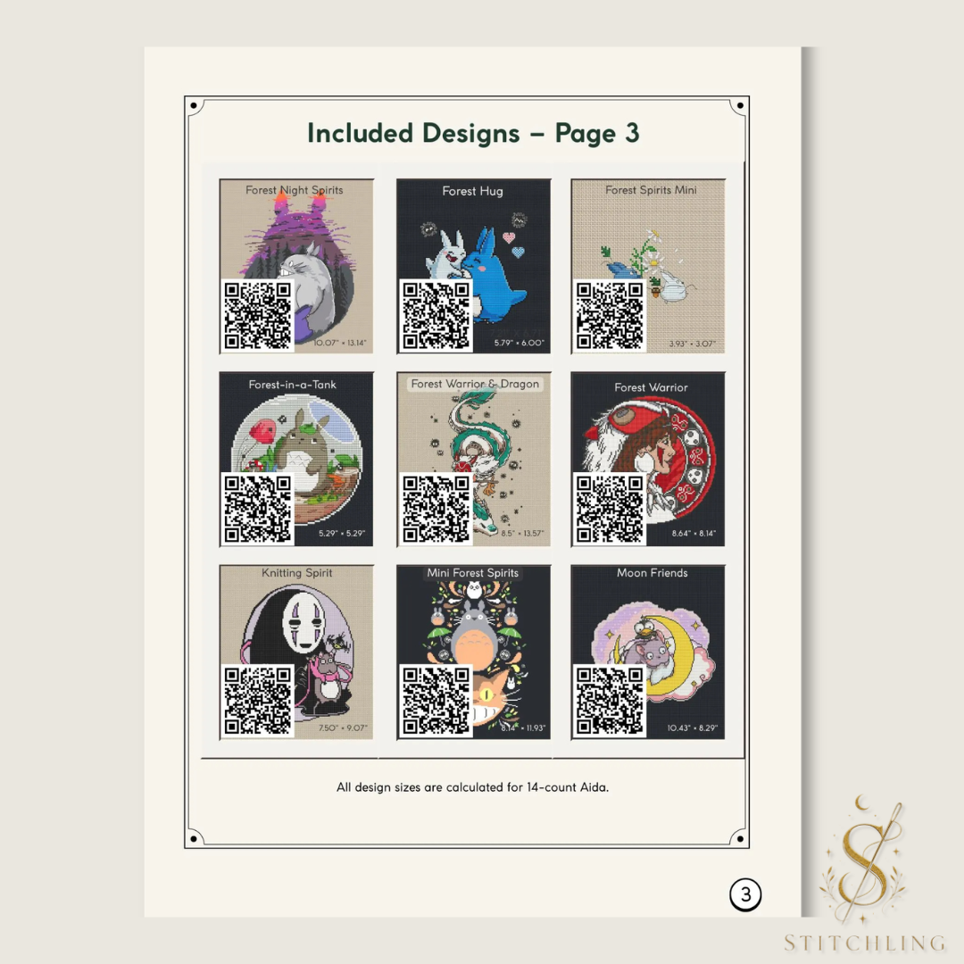 Included designs, page 3: nine cross stitch previews featuring forest spirits, hugging creatures, a green dragon, a masked warrior, a knitting spirit, and moon friends.