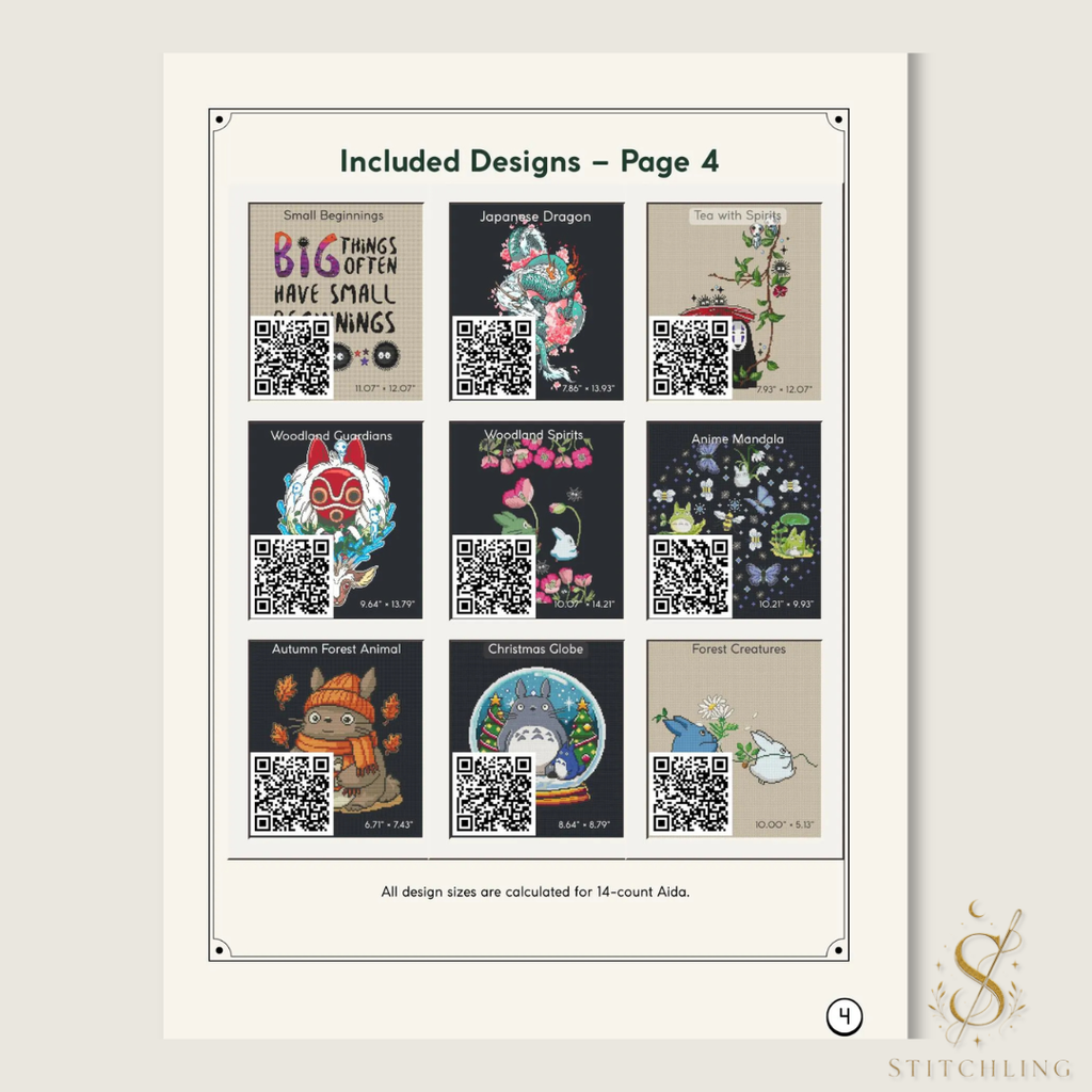 Included designs, page 4: nine cross stitch previews featuring an inspirational quote, Japanese dragon, tea spirit, woodland guardians, and autumn and Christmas creatures.