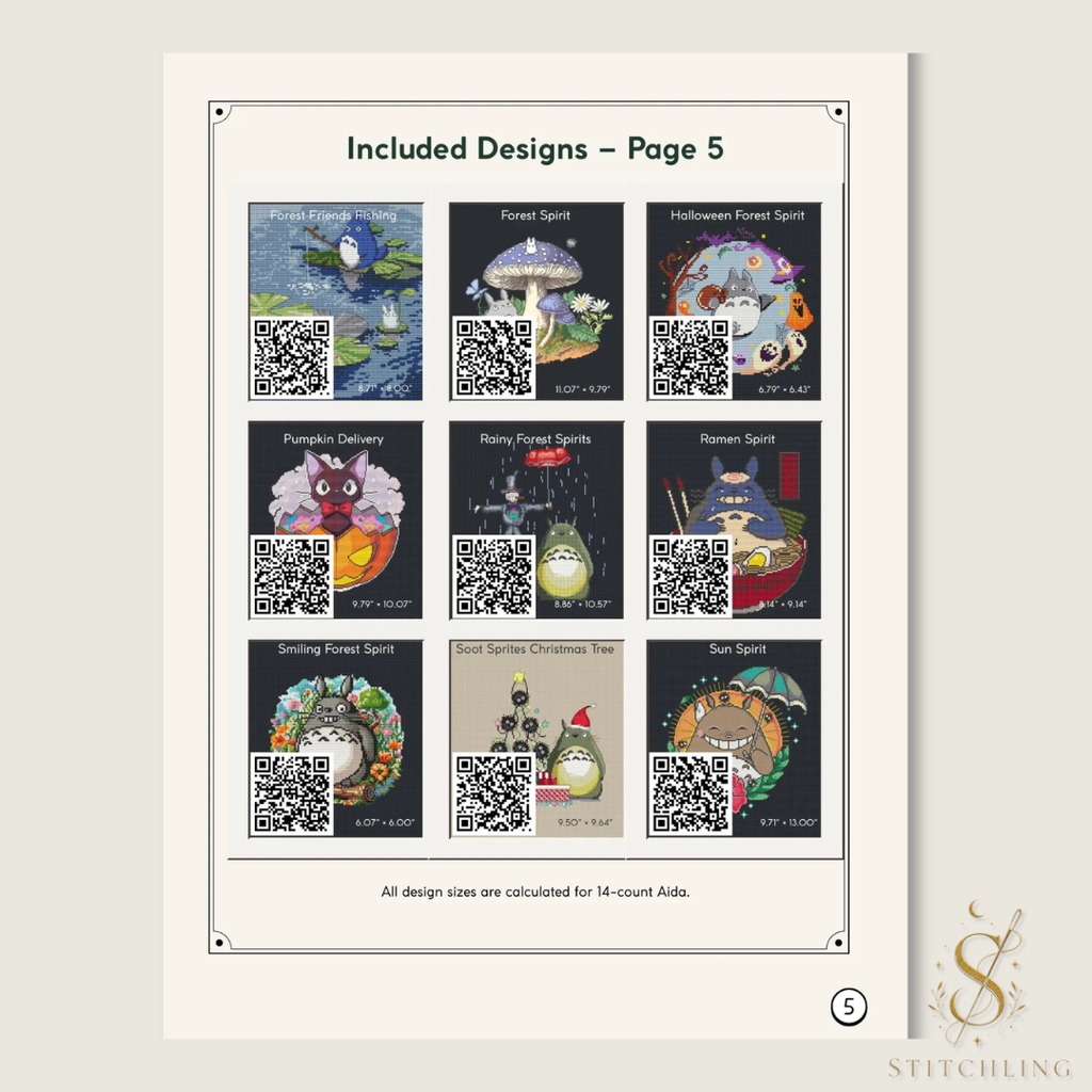 Included designs, page 5: nine cross stitch previews featuring forest spirits, mushrooms, a cat with a pumpkin, ramen, and seasonal Halloween and Christmas scenes.