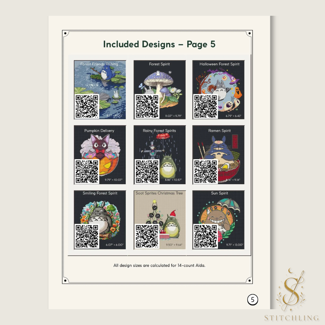Included designs, page 5: nine cross stitch previews featuring forest spirits, mushrooms, a cat with a pumpkin, ramen, and seasonal Halloween and Christmas scenes.