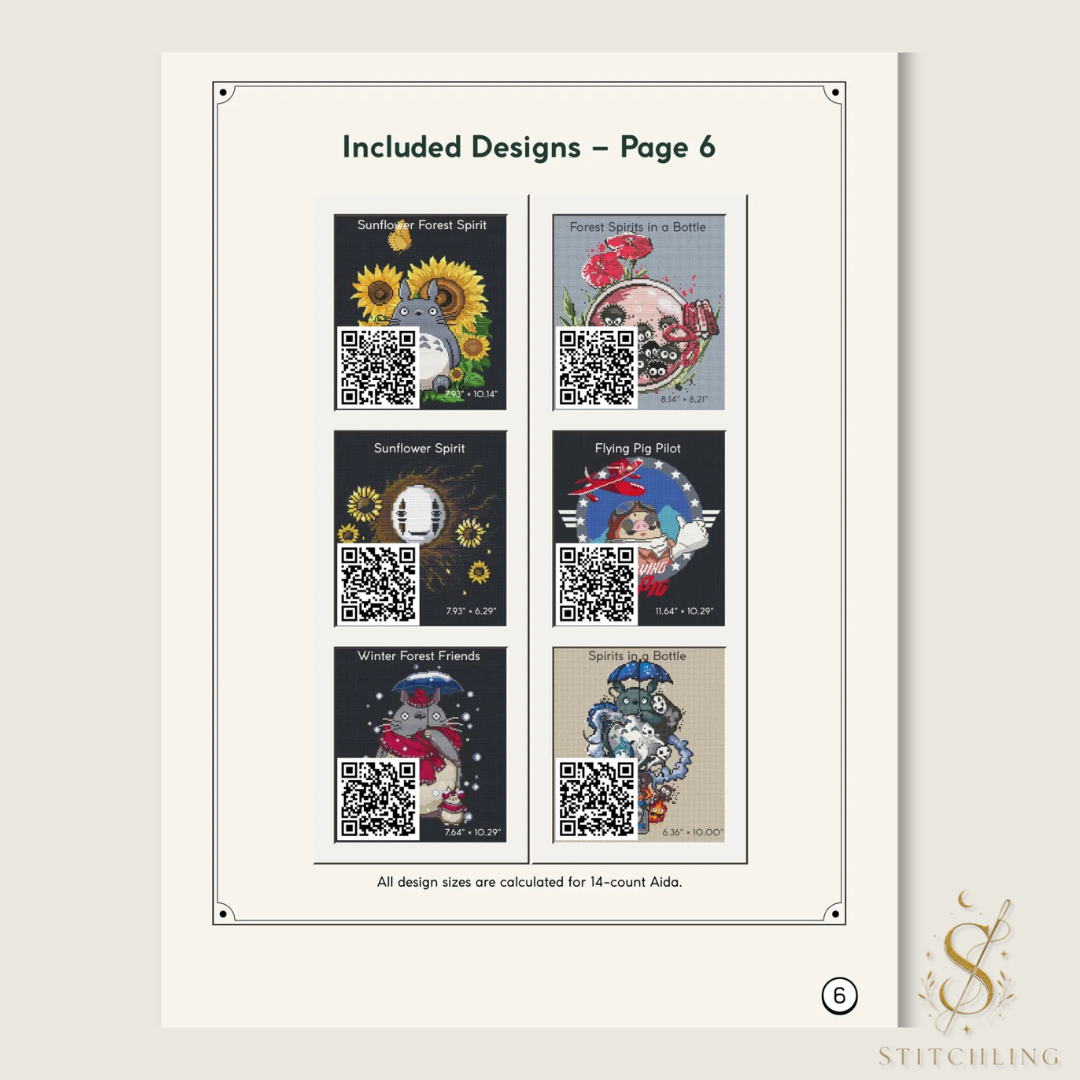Included designs, page 6: six cross stitch previews featuring sunflower spirits, forest creatures in bottles, a flying pig pilot, and winter forest friends.