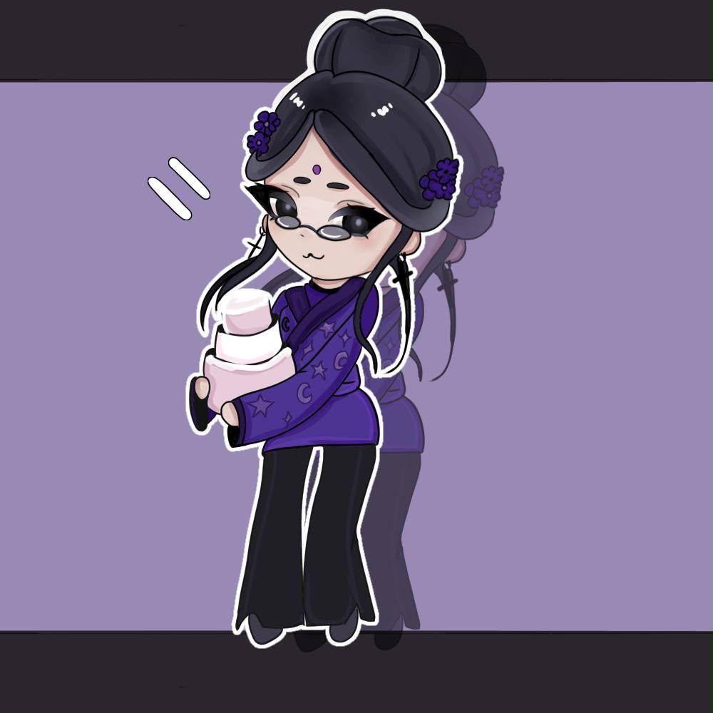 Chibi illustration of Aunt Karma holding a pink birthday cake, wearing a purple robe, glasses, and black pants on a soft lavender background.
