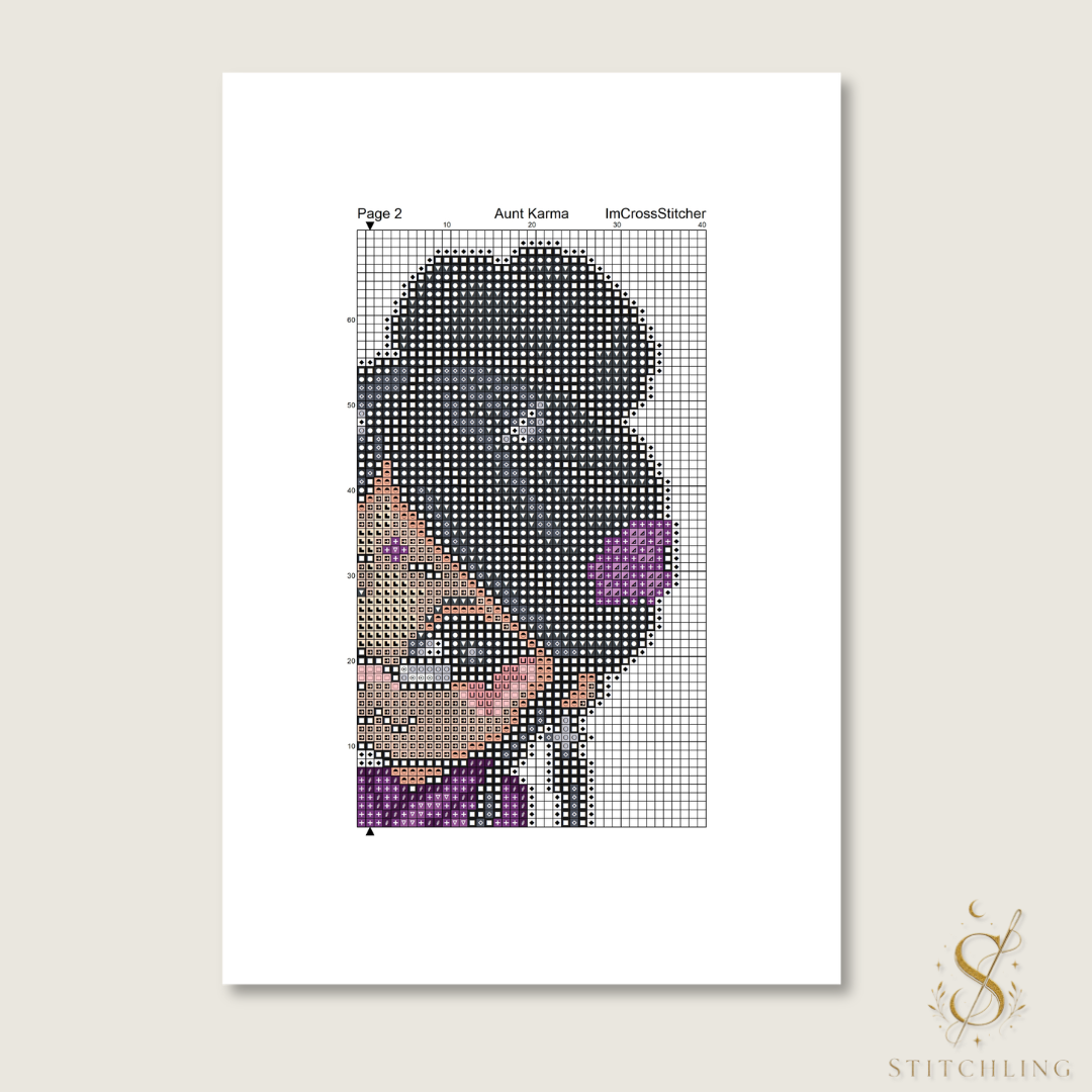 Close-up preview of the full-color Aunt Karma cross stitch chart, showing the printable PDF grid with DMC symbols and stitch placement for easy embroidery.