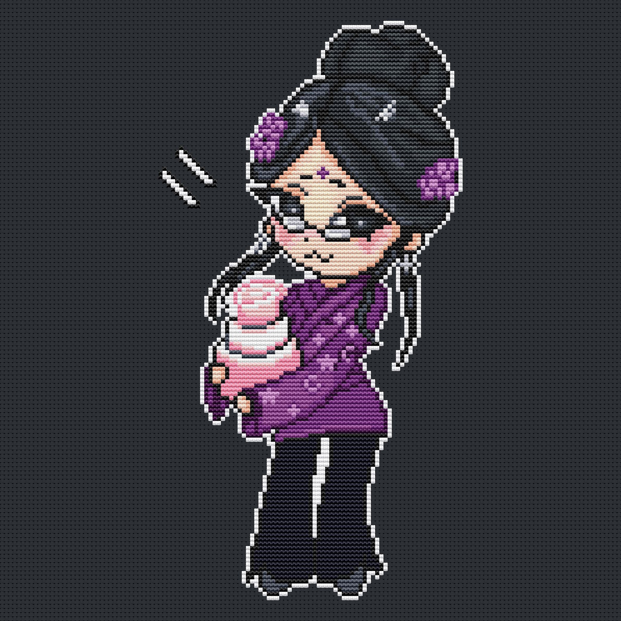 Finished Aunt Karma cross stitch design stitched on black Aida fabric, featuring a chibi witch with glasses, a purple outfit, dark hair in a bun, and a pink birthday cake.