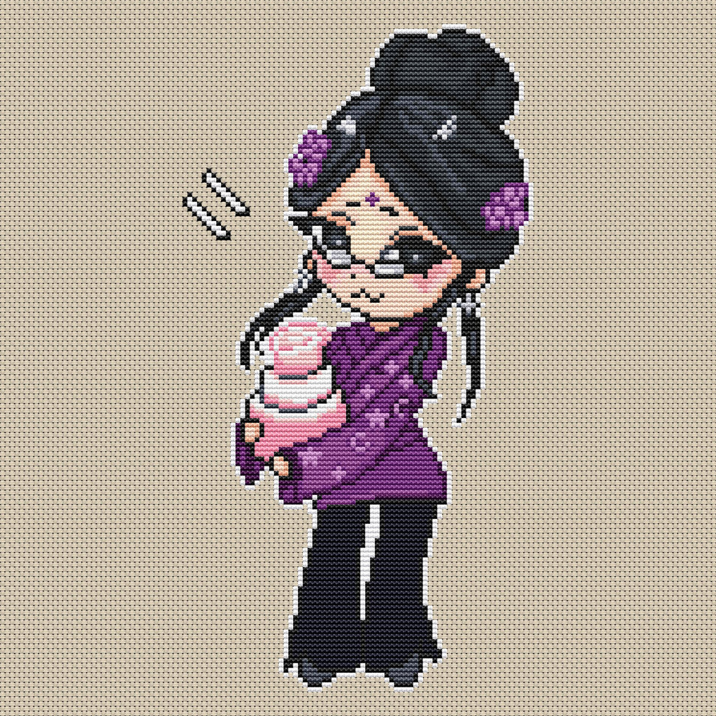 Finished Aunt Karma cross stitch design on neutral Aida fabric, featuring a chibi witch with glasses, a purple outfit, dark hair in a bun, and a pink birthday cake.