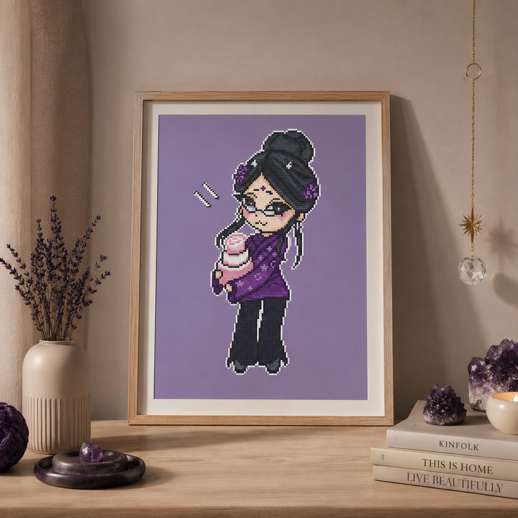 Framed Aunt Karma cross stitch displayed in a cozy lavender-inspired interior with dried flowers, amethyst crystals, and candles, showcasing the finished embroidery as elegant fantasy home decor.