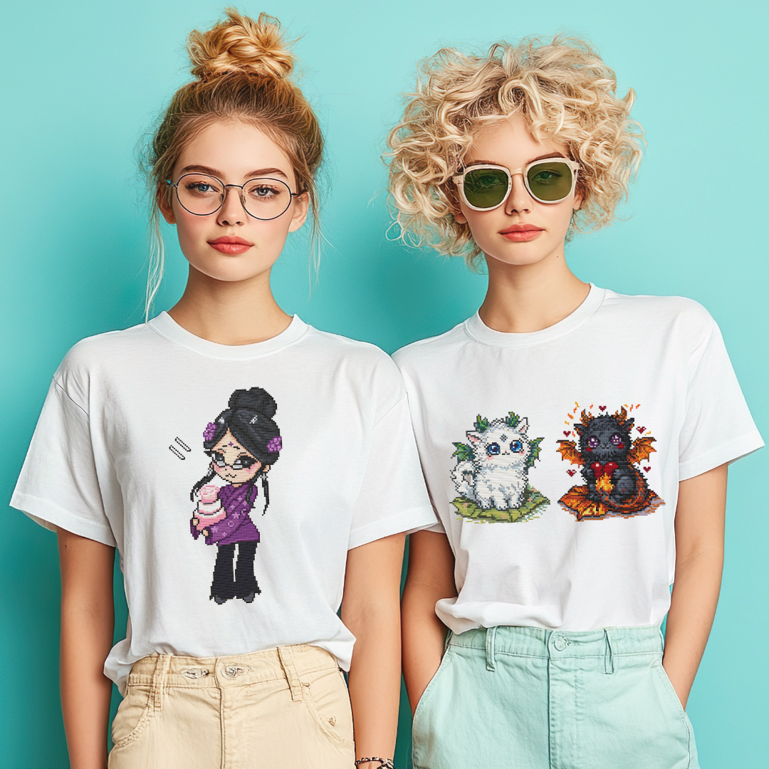 Lifestyle mockup showing the Aunt Karma cross stitch design printed on a white T-shirt, alongside other Stitchling Beasties designs, demonstrating embroidery-inspired apparel artwork.